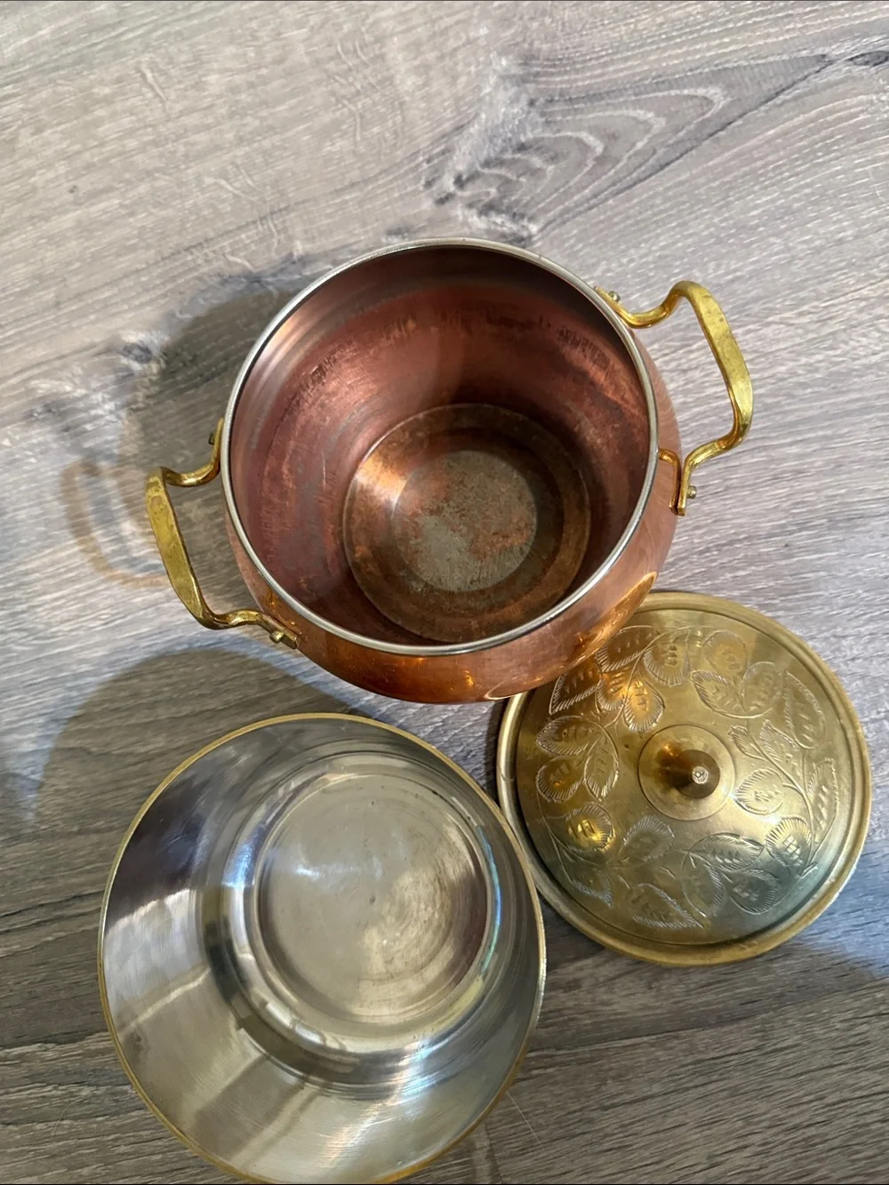 Sarna Etched Brass Bowl and Copper and Brass Handi Handled Pot  3 pieces Lot